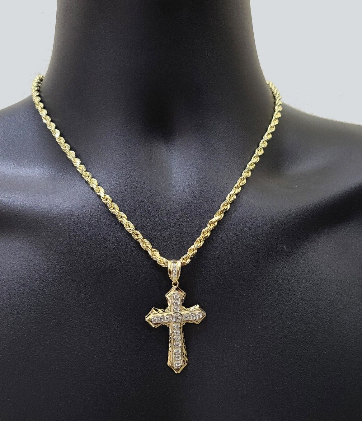 Real 10k Yellow Gold Cross Charm Rope Chain Necklace 4mm 24'' Pendant 10kt Jesus