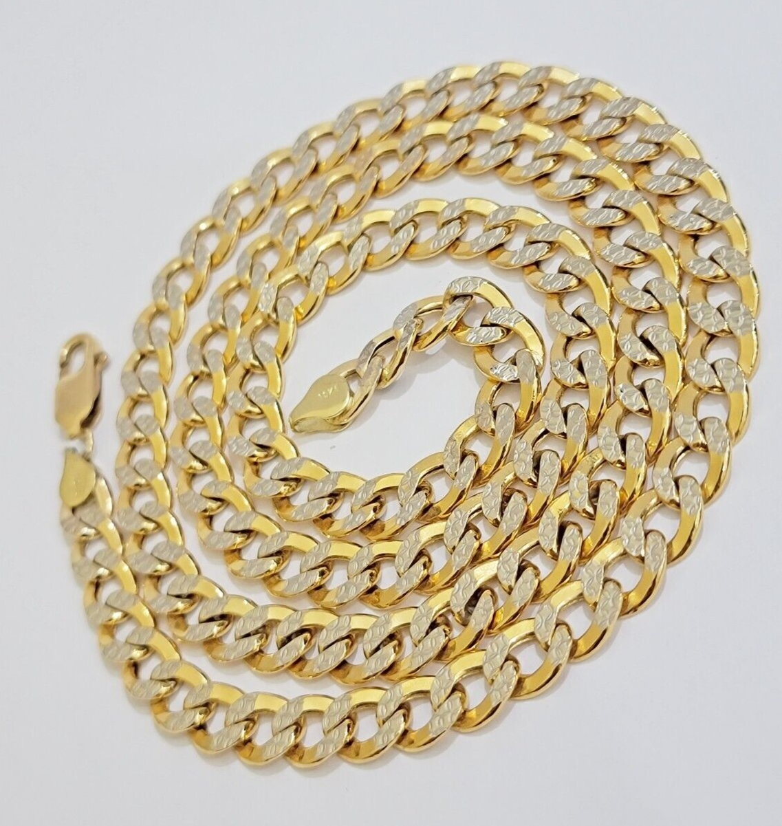 Real 10k Yellow Gold Chain Curb Link Necklace 8mm 18 Inch Diamond Cut Two-tone