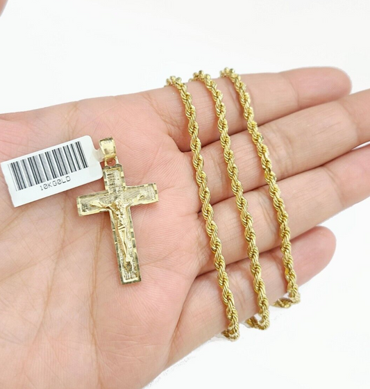 Real 10k Yellow Gold Jesus Cross Charm Rope Chain Necklace 3mm 18'' Pendant 10kt