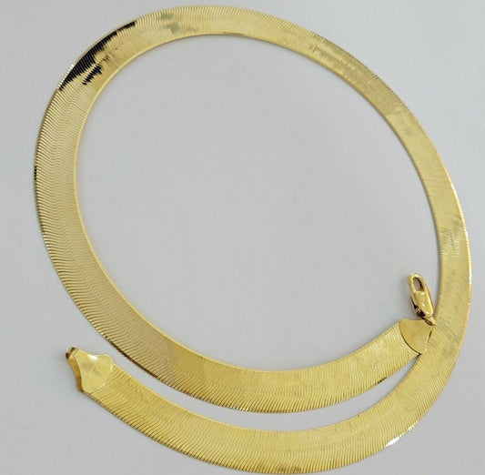 Real 10k Yellow Gold 12mm Herring Bone Chain Necklace 18'' Inch Lobster lock