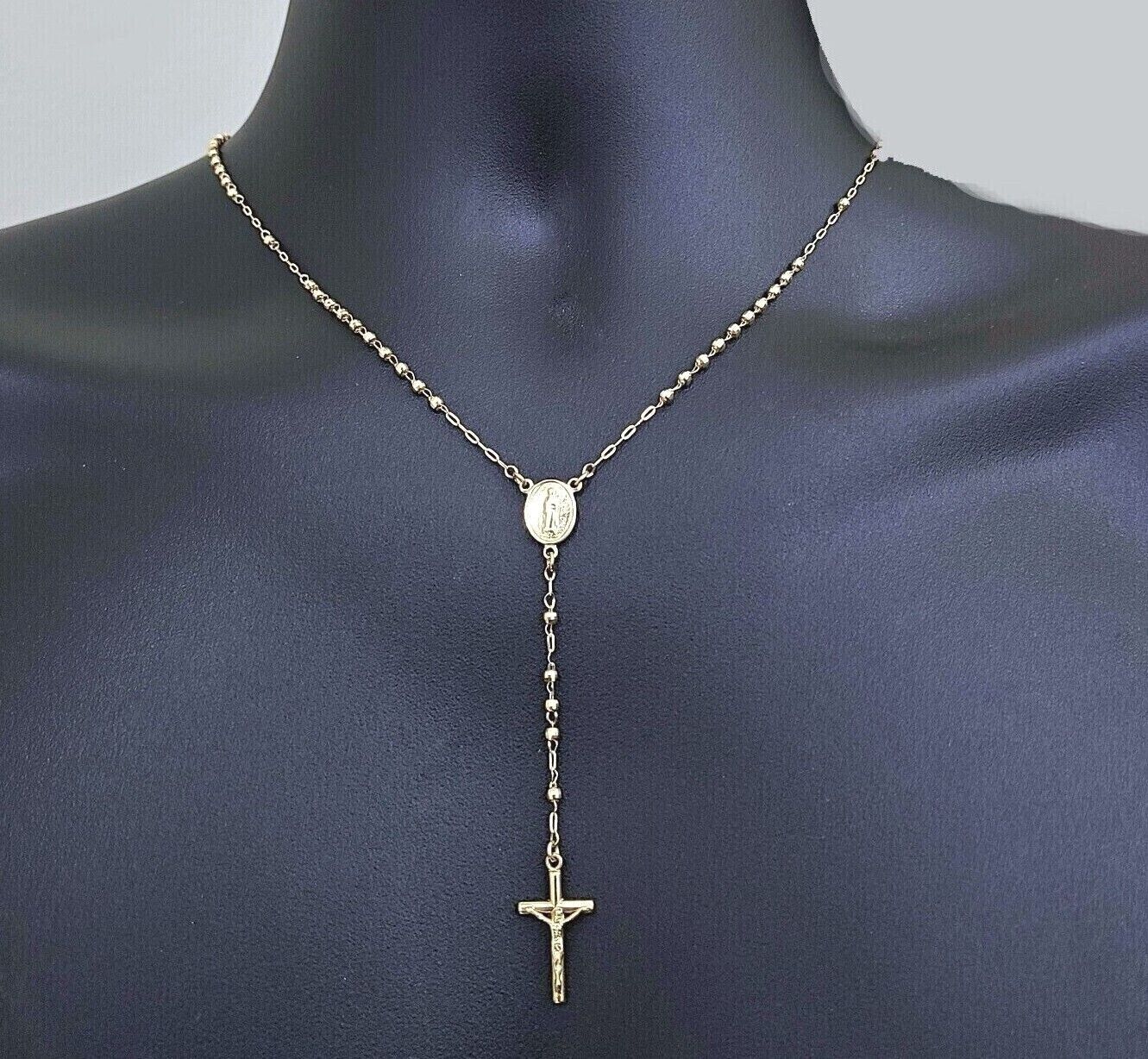 Real 14k Yellow Gold 2mm Rosary Chain 18" inch Necklace And Jesus cross Pendant