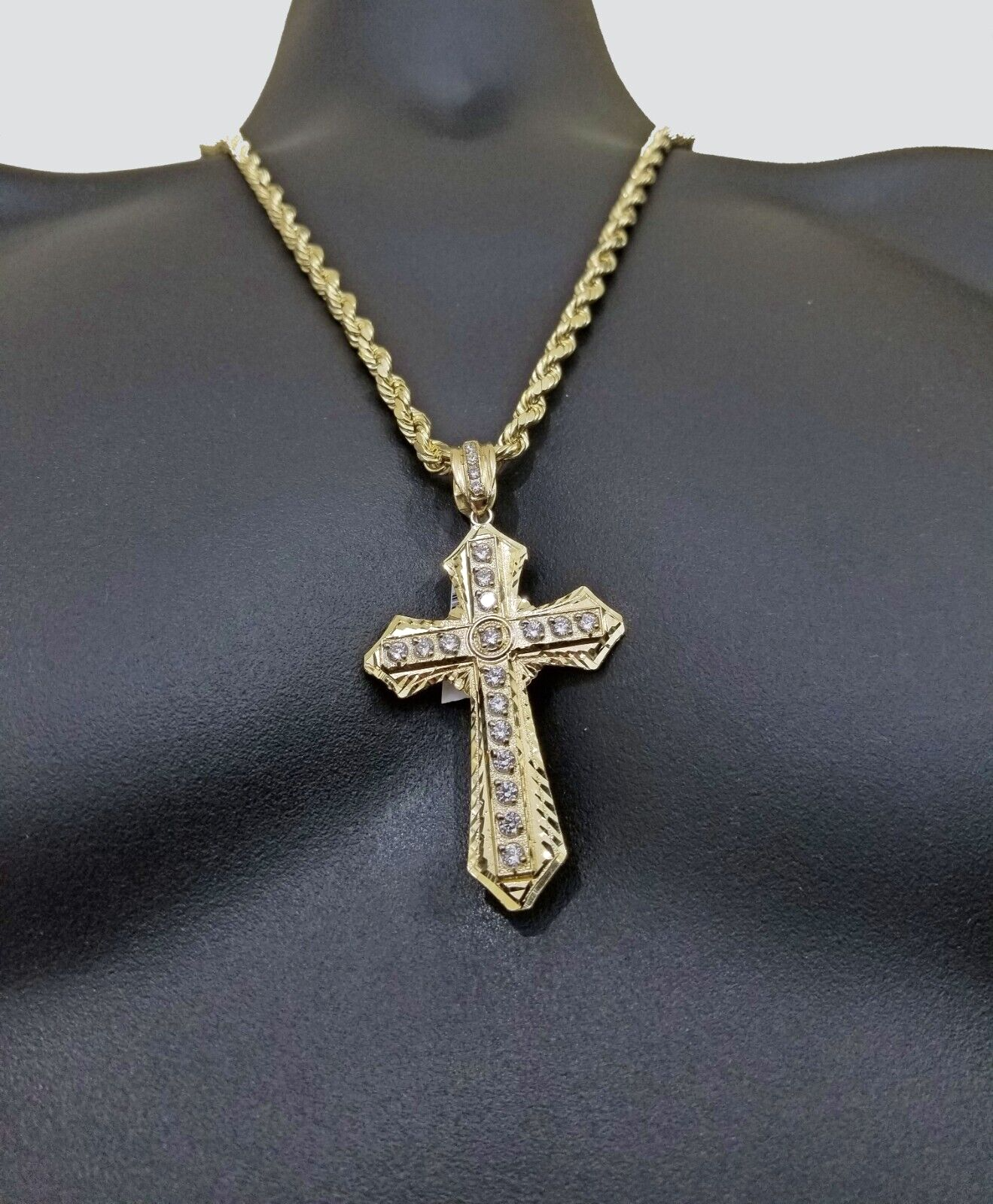 Real 10k Yellow Gold Rope Chain 24" inch Necklace And Cross Pendant 6mm