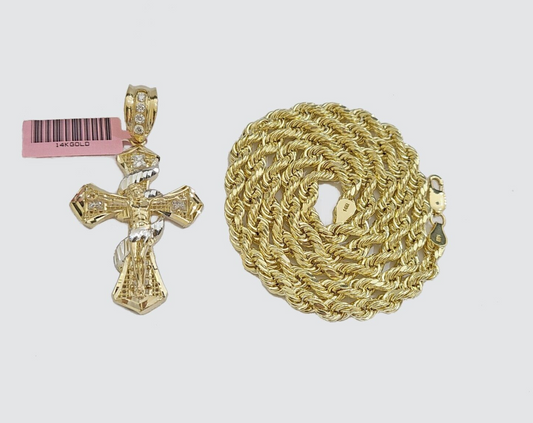 Real 14k Yellow Gold Rope Chain 5mm 20'' Necklace Jesus Cross Charm Pendant 14kt