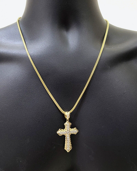 Real 10k Yellow Gold Franco Chain 2.5mm 24" inch Necklace Jesus Cross Charm 10kt