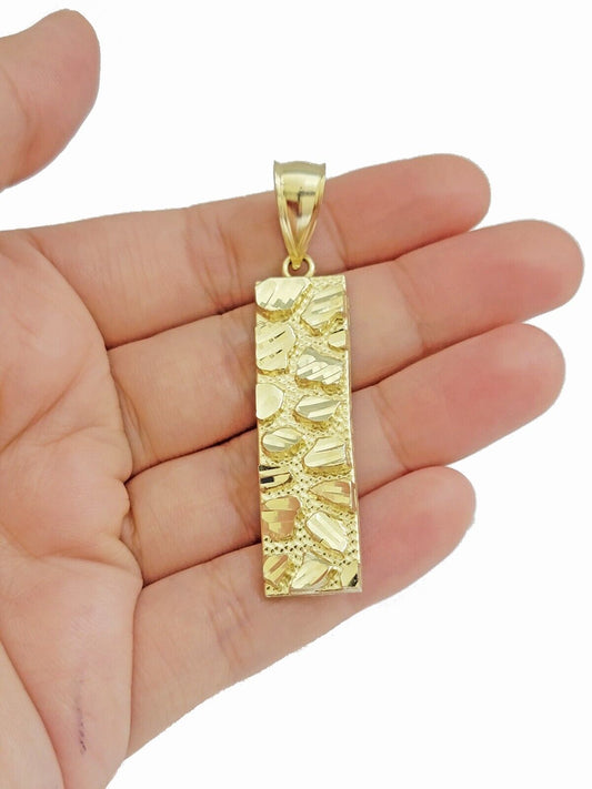 10k Yellow Gold Nugget Bar Charm Pendant 1'' Inch Necklace Chain SALE Real 10kt