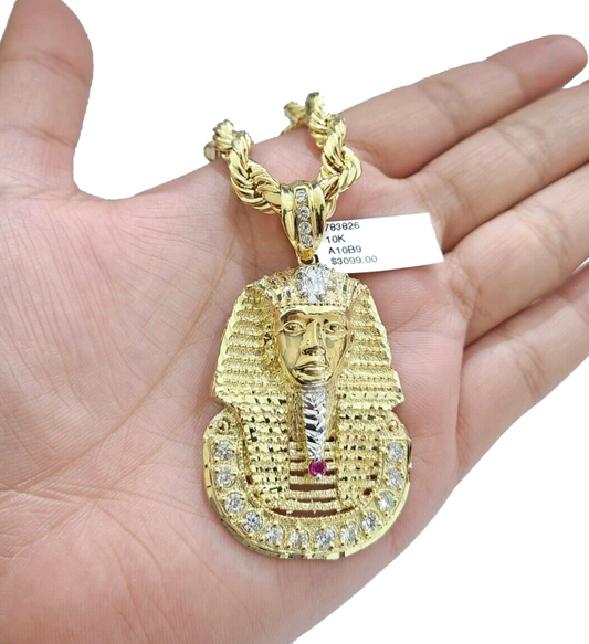 10k Gold Pharaoh Head Charm Rope Chain Necklace 8mm 24'' Set & Pendant 10kt REAL