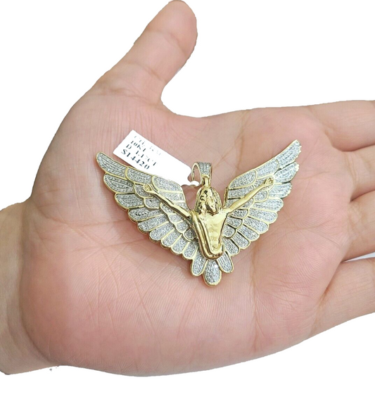 Real 10k Yellow Gold Angel Wing Diamond 1.17CT Charm Pendant 10kt for Chain