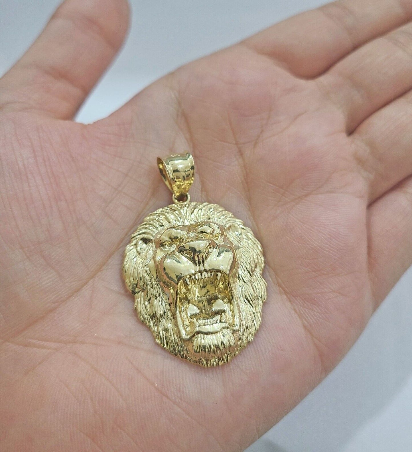 Real 10kt Yellow Gold Lion Head Pendant charm 1.5" for Necklace and chain Mens