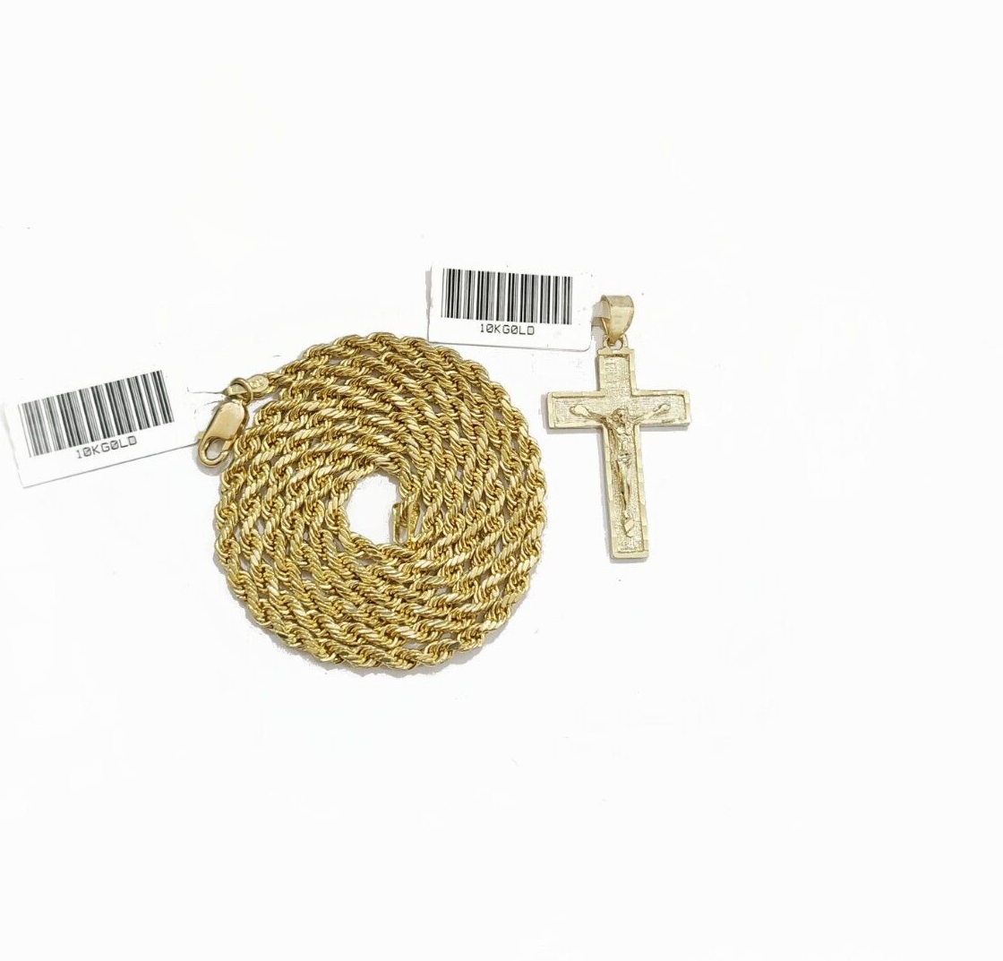 Real 10k Yellow Gold Jesus Cross Charm Rope Chain Necklace 3mm 24'' Pendant 10kt