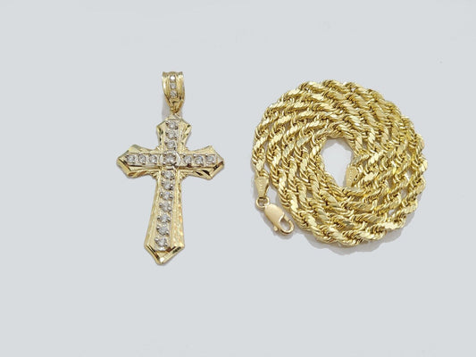 14k Yellow Gold Cross Charm Rope Chain Necklace 4mm 18'' Pendant 14kt Jesus Real