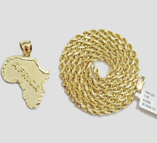 10k Yellow Gold Africa Map Charm Rope Chain 24 Inch Necklace Pendant SET SALE
