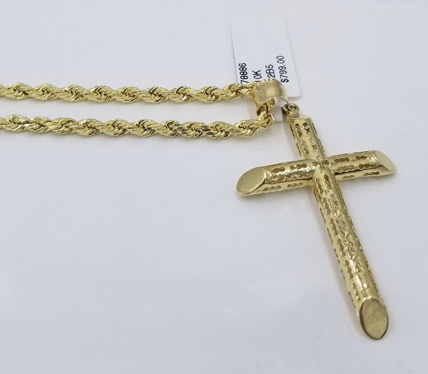 Real 10k Gold Rope Chain Cross Pendant, 3mm Necklace 20" inch With Charm, 10kt