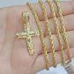 Real 14k Yellow Gold Rope Chain 24'' Necklace Jesus Crucifix Cross Charm Pendant