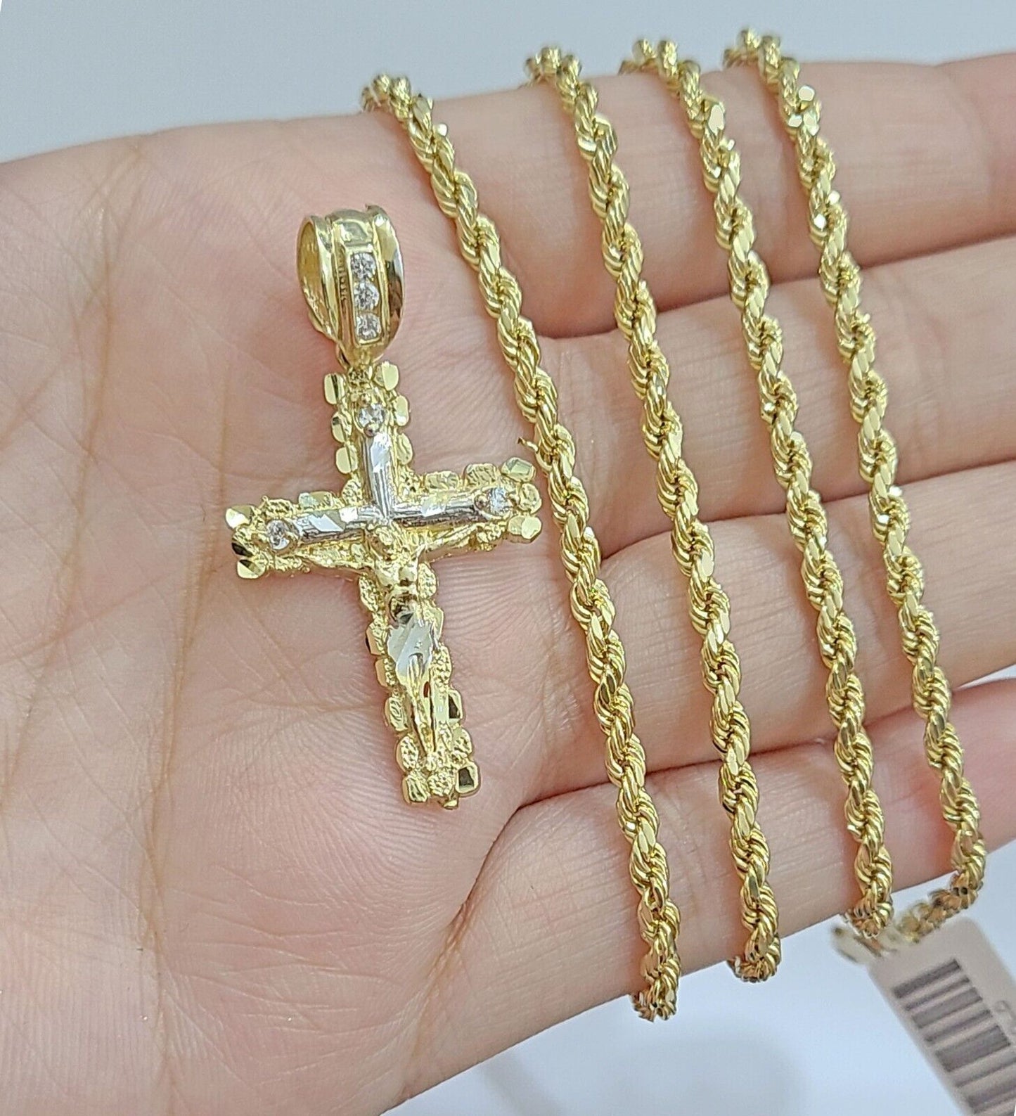 Real 14k Yellow Gold Rope Chain 24'' Necklace Jesus Crucifix Cross Charm Pendant