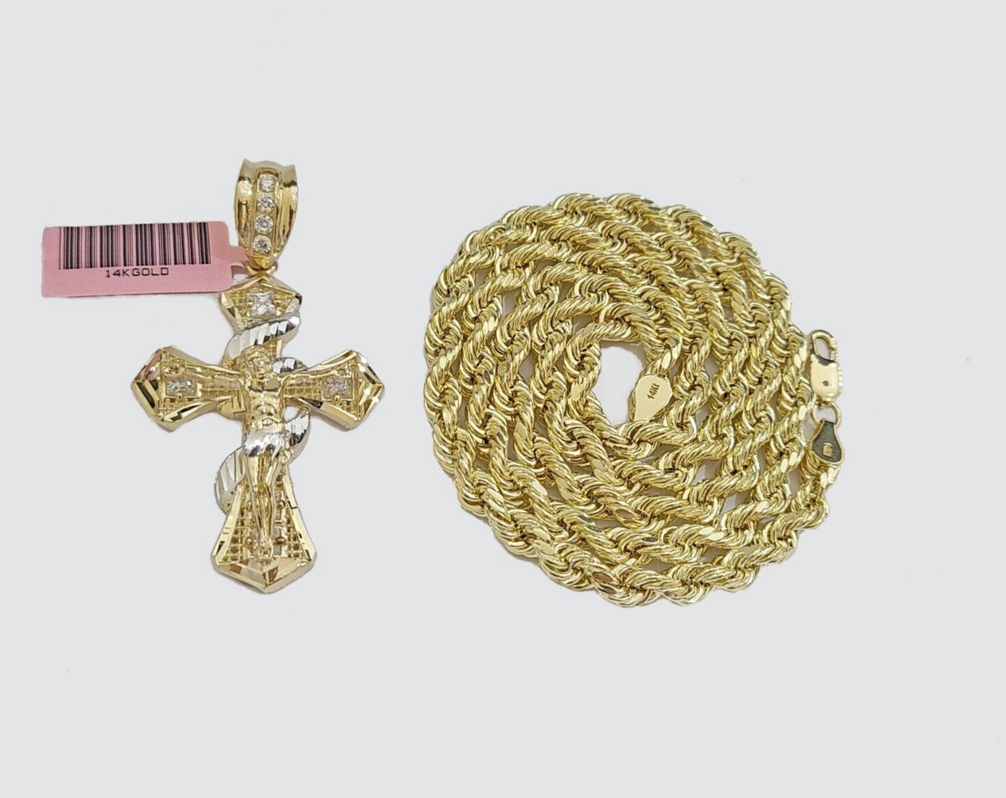 Real 14k Yellow Gold Rope Chain 5mm 24'' Necklace Jesus Cross Charm Pendant 14kt