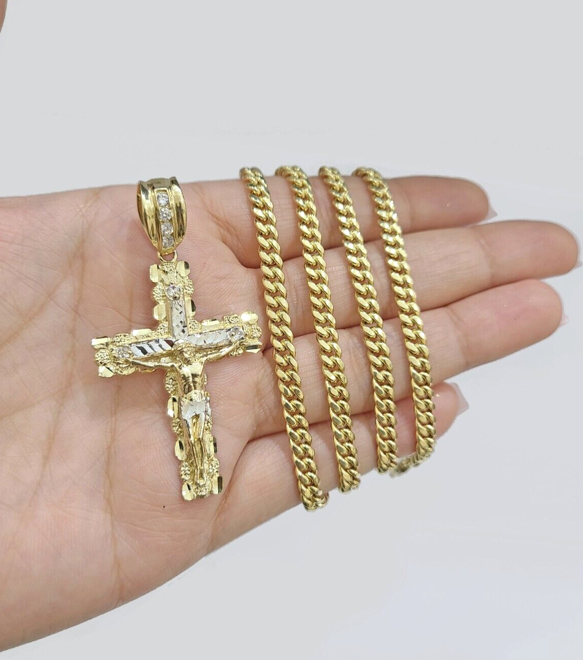 10k Yellow Gold Miami Cuban Chain 5mm 30" inch Necklace Jesus Cross Charm Real