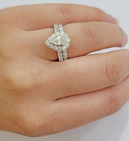 Real 14k White Gold 2CT Diamond Ladies Ring Engagement Wedding Pear SET Genuine