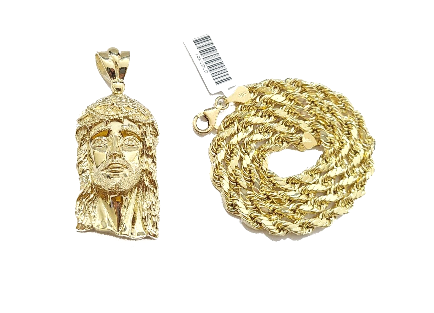 10k Gold Jesus Head Charm Rope Chain Necklace 6mm 30'' Set & Pendant 10kt REAL