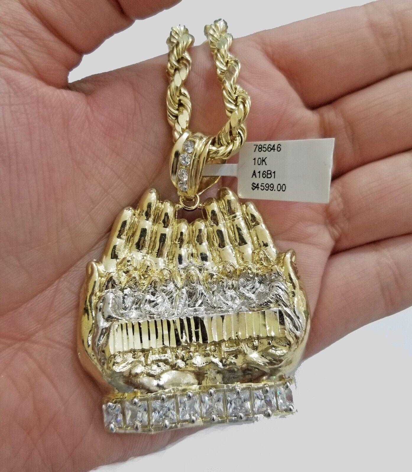 Real 10kt Yellow Gold Praying Hand Last Supper Pendant charm 3D style