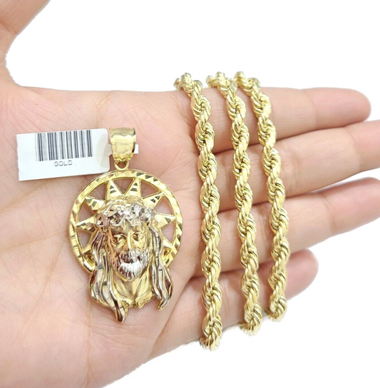 10k Gold Circular Jesus Star Head Charm Rope Chain Necklace 6mm 24'' Set Pendant