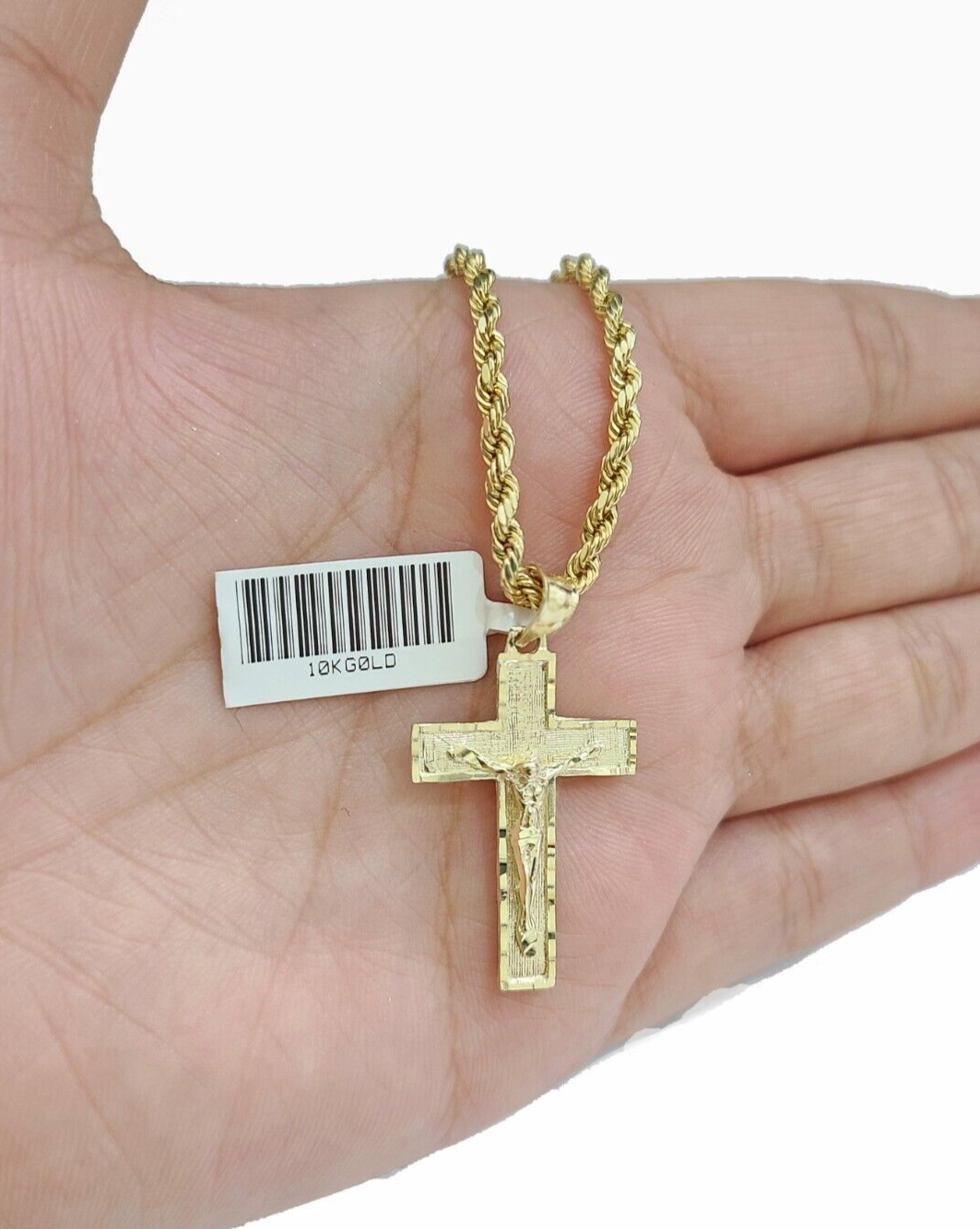 Real 10k Yellow Gold Jesus Cross Charm Rope Chain Necklace 3mm 28'' Pendant 10kt