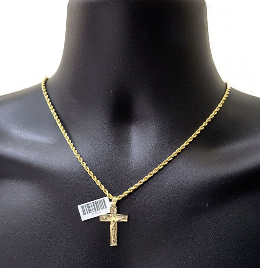 Real 10k Yellow Gold Jesus Cross Charm Rope Chain Necklace 3mm 24'' Pendant 10kt