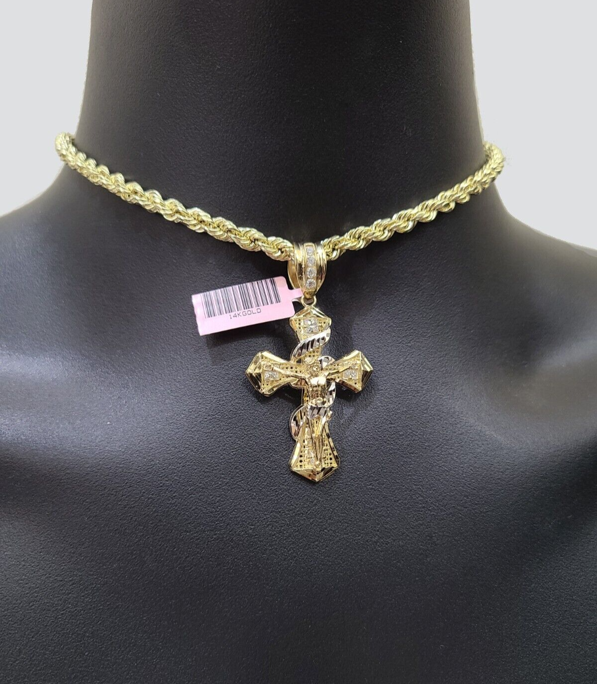 Real 14k Yellow Gold Rope Chain 5mm 20'' Necklace Jesus Cross Charm Pendant 14kt