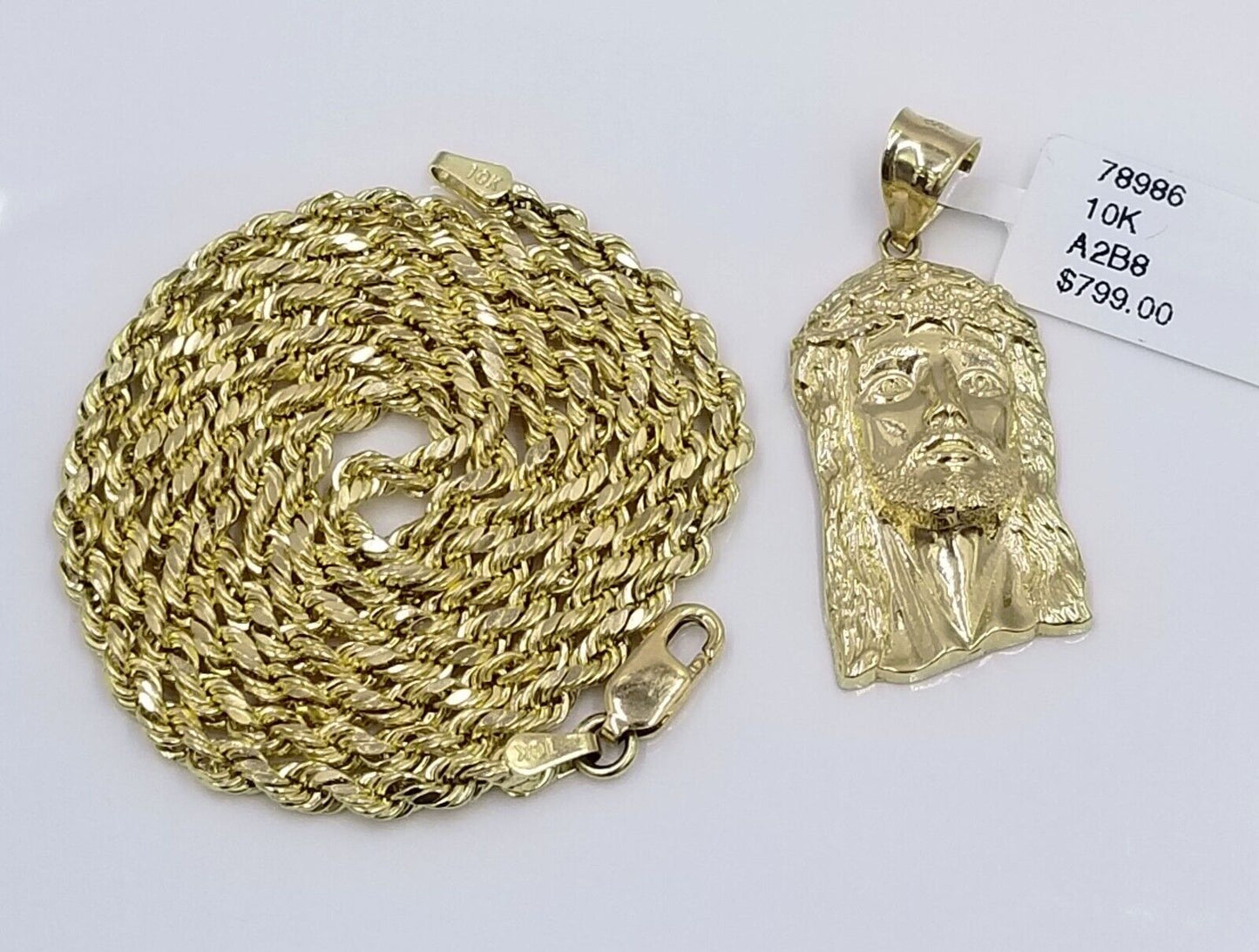 Real 10k Yellow Gold 3mm Rope Chain 20" Inch Necklace And Jesus Head Pendant