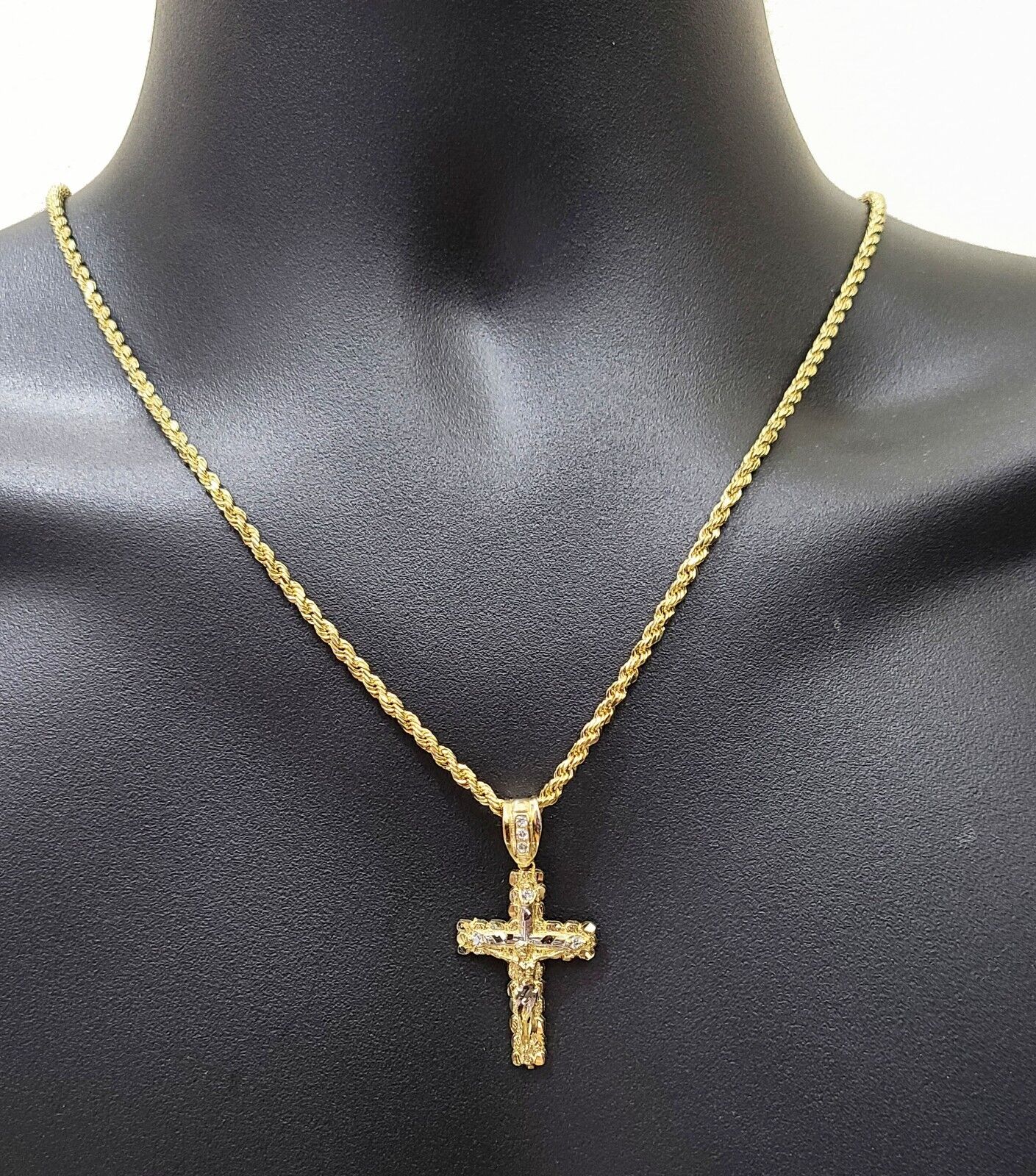 Real 14k Yellow Gold Rope Chain 24'' Necklace Jesus Crucifix Cross Charm Pendant