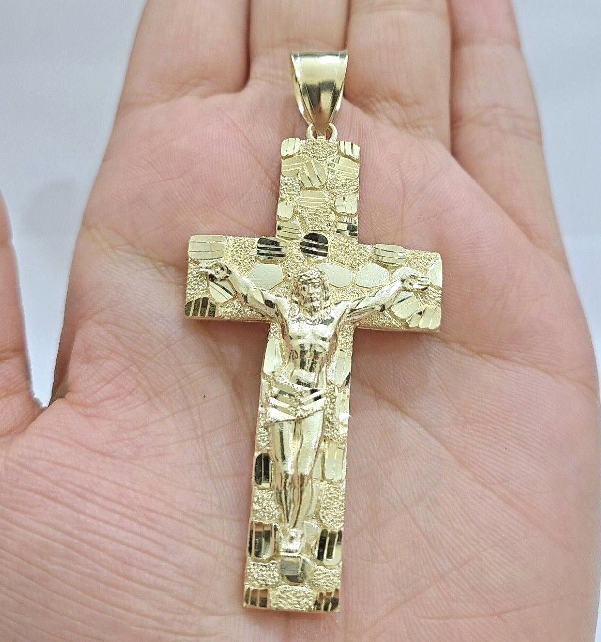 10k Yellow Gold Nugget Jesus Cross Charm Pendant 2'' inches Real 10kt SALE Chain