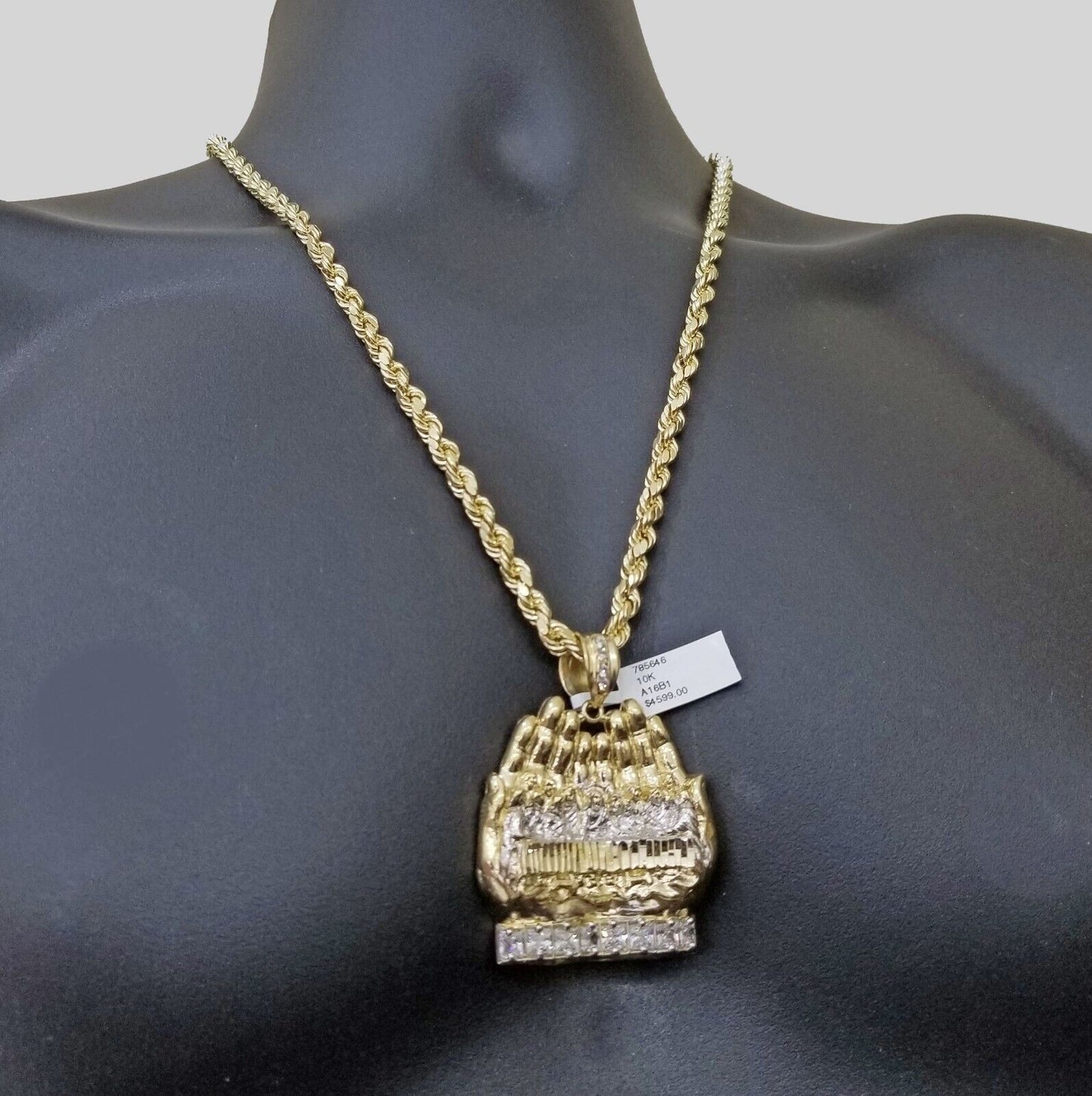 Real 10k Yellow Gold Rope Chain 24"  Necklace  Praying Hand Last Supper Pendant