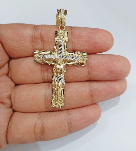 Real 14k Yellow Gold Nugget Jesus Cross Charm Pendant 2" 14kt Gold