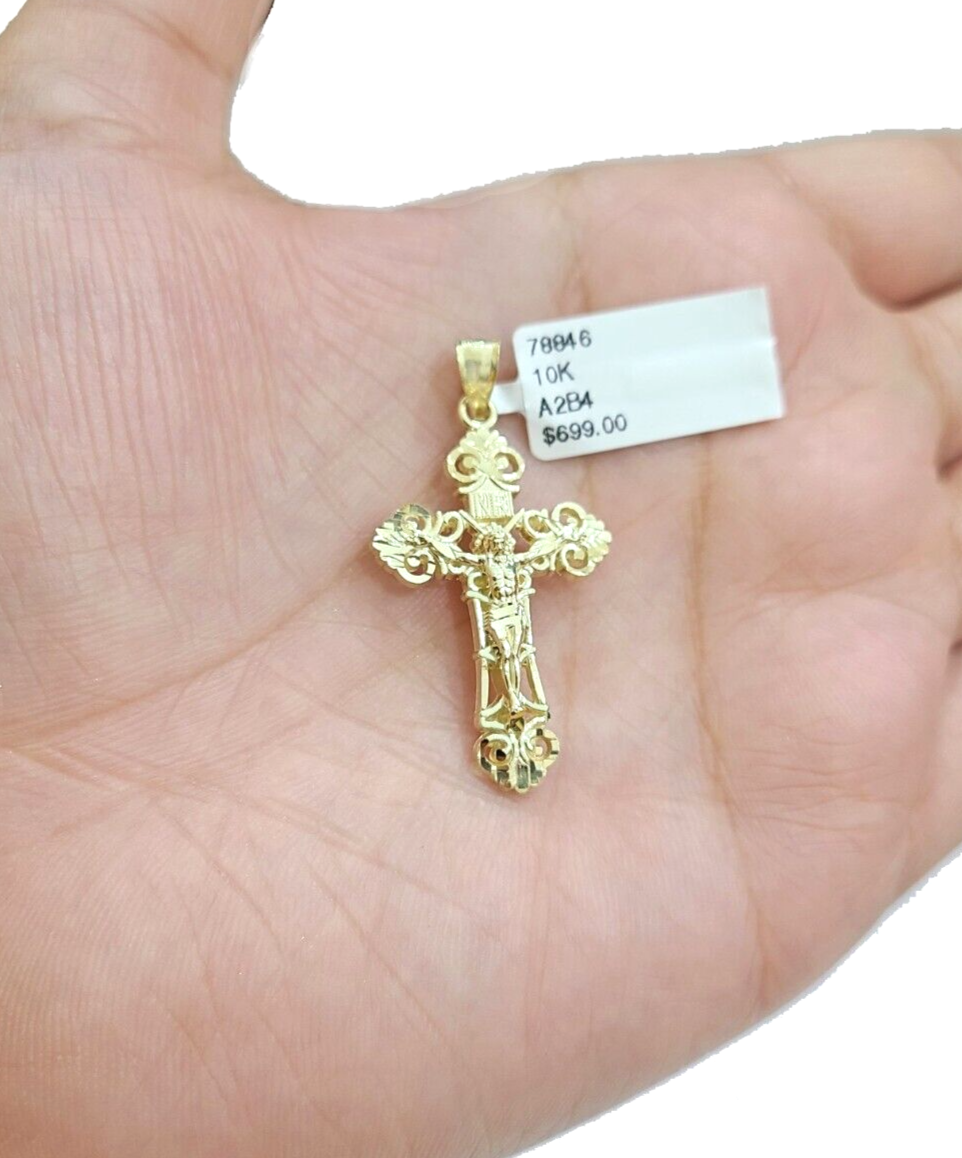 Real 10k Yellow Gold Jesus Cross Charm Rope Chain Necklace 3mm 24'' Pendant 10kt