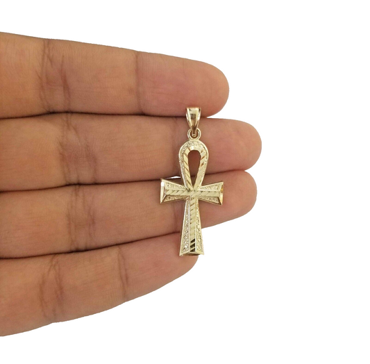 14k Yellow Gold Ankh Cross Charm Pendant 1.5'' Diamond Cut Chain Real 14kt SALE