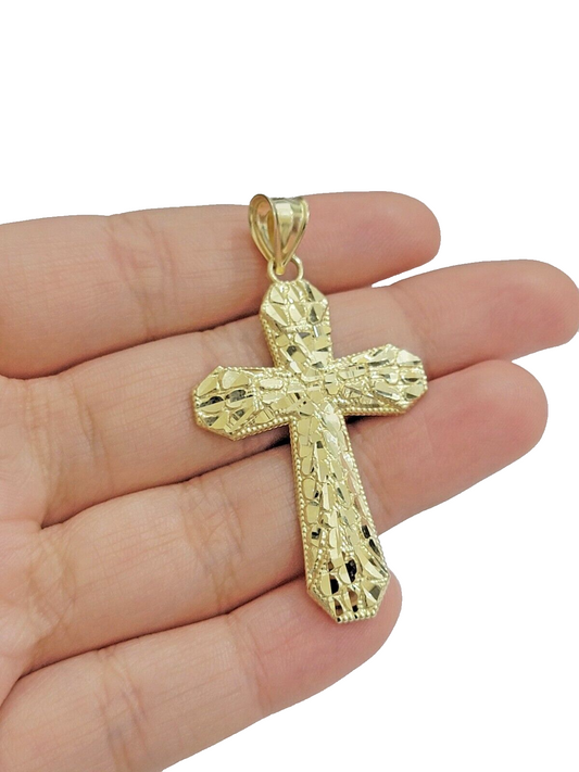 10k Yellow Gold Cross Charm Jesus Pendant 2'' Inch Necklace Chain Real 10kt SALE