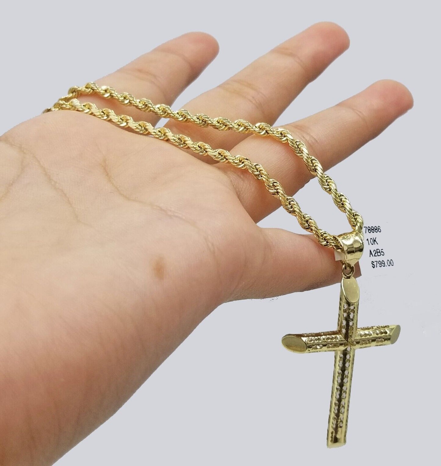 Real 10k Gold Rope Chain Cross Pendant, 3mm Necklace 20" inch With Charm, 10kt