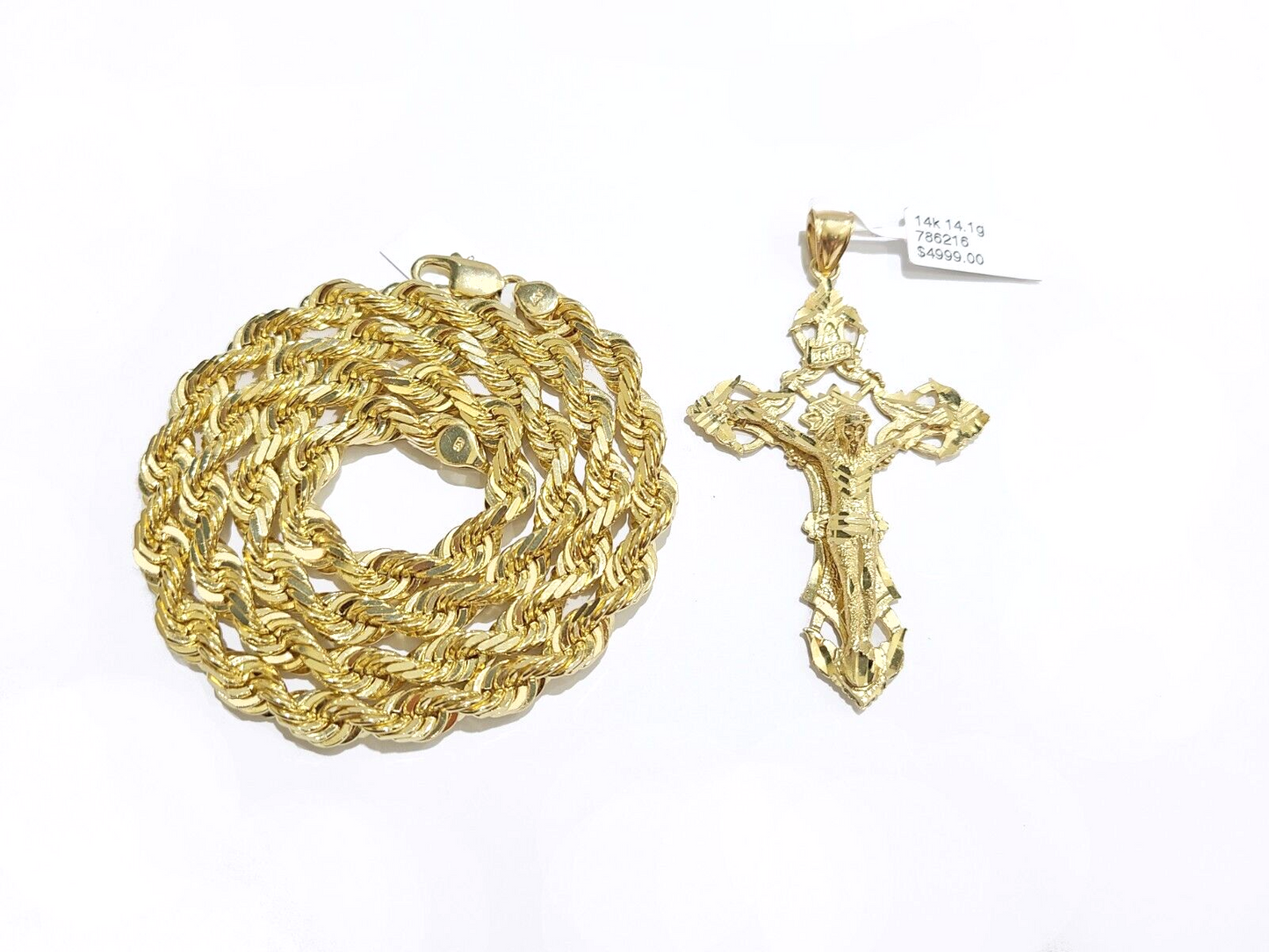 Real 14k Yellow Gold Rope Chain 24'' Necklace Jesus Crucifix Cross Charm Pendant