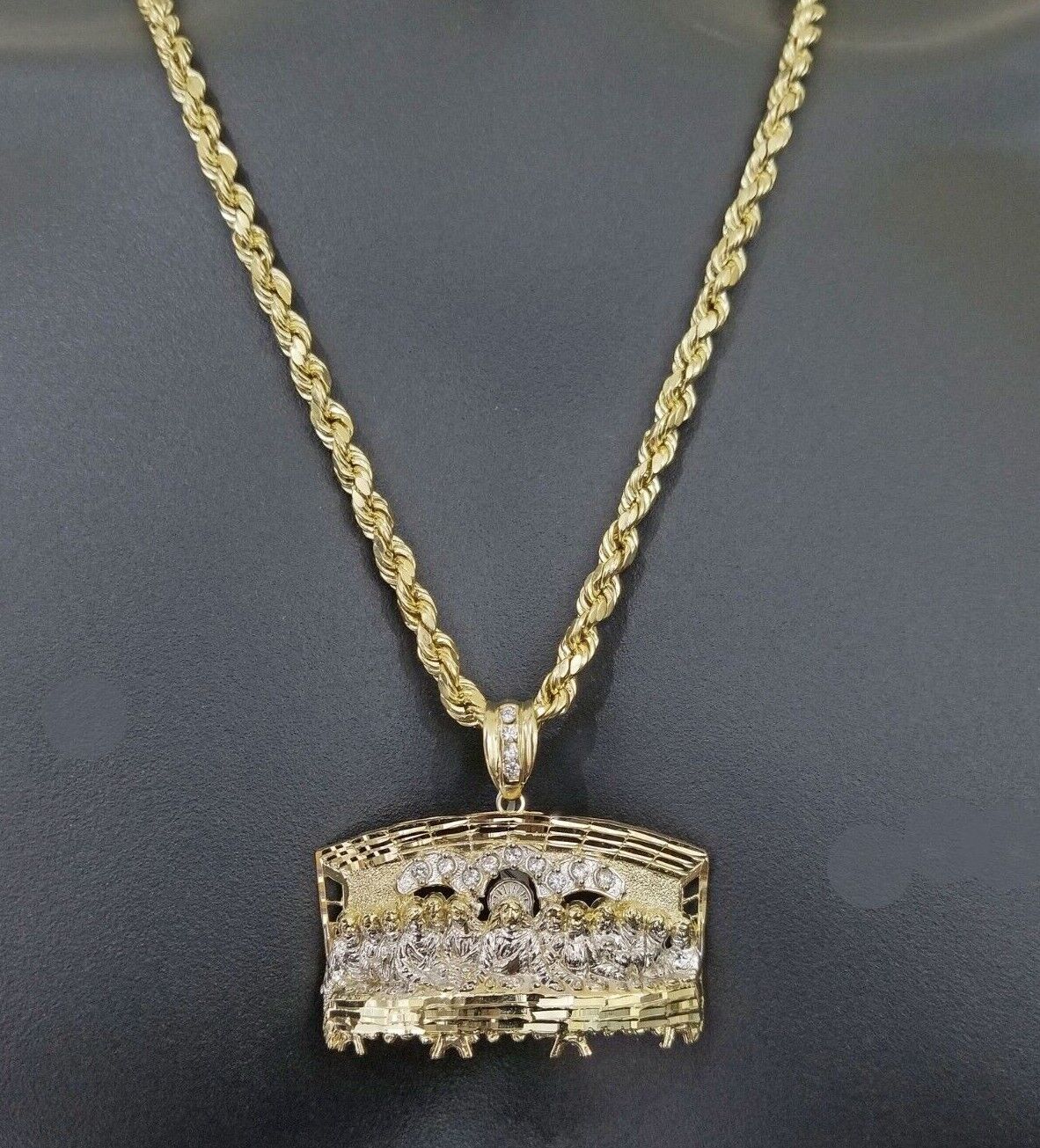 Real 10k Yellow Gold Rope Chain 24" inch Necklace And Charm Last Supper Pendant