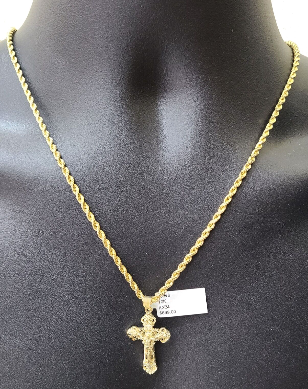 Real 10k Yellow Gold Jesus Cross Charm Rope Chain Necklace 3mm 28'' Pendant 10kt