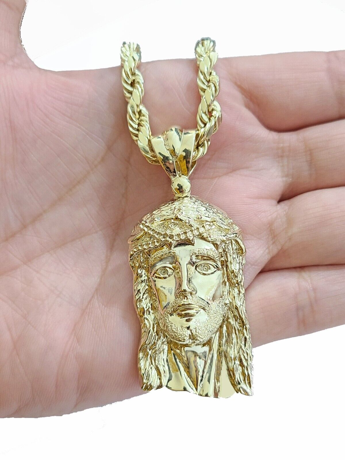 10k Gold Jesus Head Charm Rope Chain Necklace 6mm 26'' Set & Pendant 10kt REAL