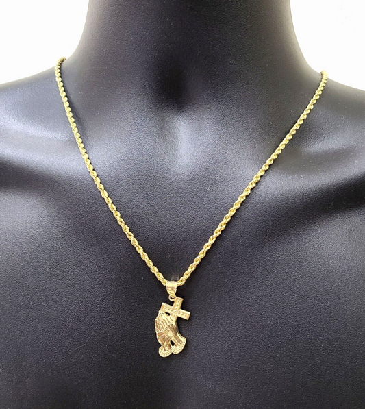 Real 10k Yellow Gold Rope Chain 22'' Necklace Praying Hand Cross Charm Pendant