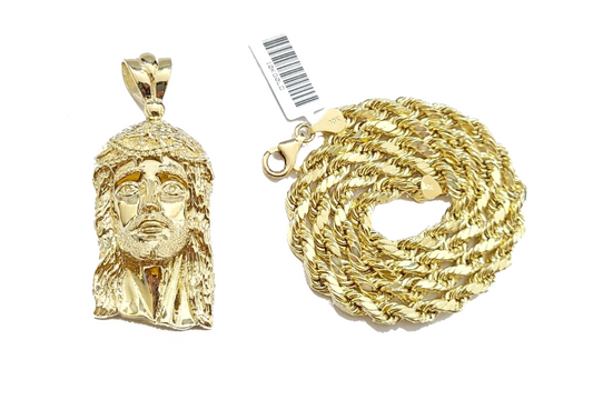 10k Gold Jesus Head Charm Rope Chain Necklace 6mm 18'' Set & Pendant 10kt REAL