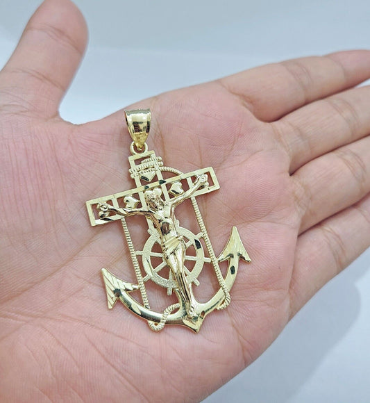 Real 10k Gold Anchor Jesus Crucifix Charm Pendant 10kt Yellow Gold Men Women