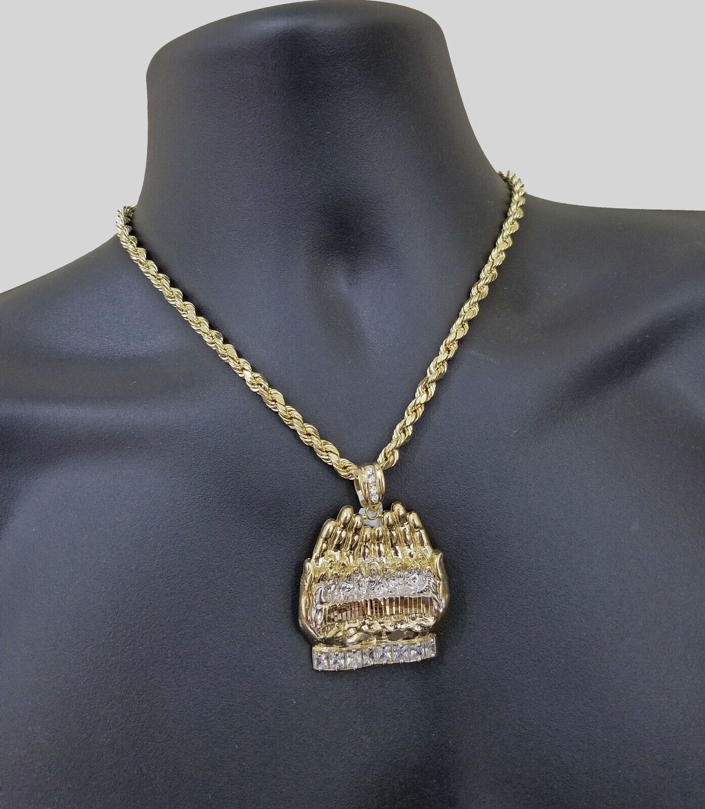 Real 10k Yellow Gold Rope Chain 24"  Necklace  Praying Hand Last Supper Pendant