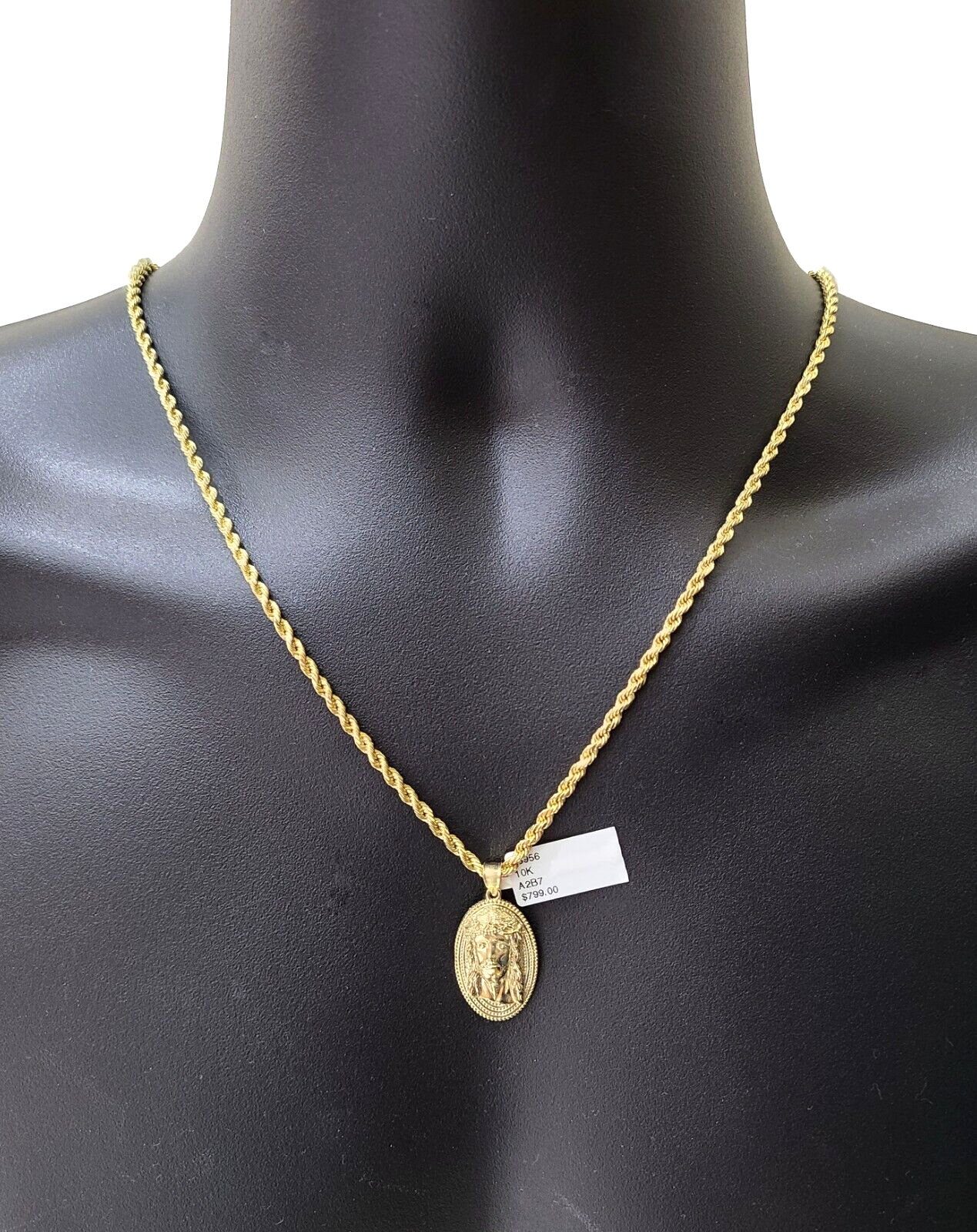 10k Gold Circular Jesus Head Charm Rope Chain Necklace 3mm 28'' Set Pendant 10kt