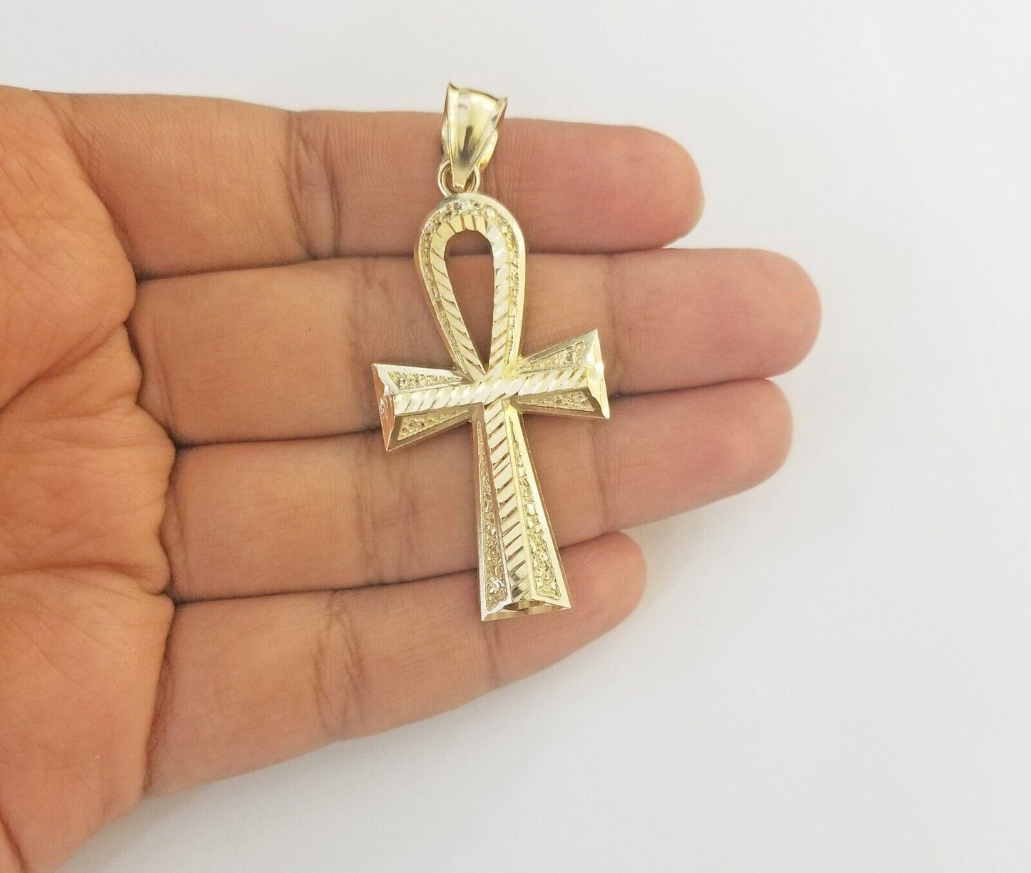 Real 10k Yellow Gold Pendant Ankh Charm Cross Diamond Cut 10kt Gold For Chain