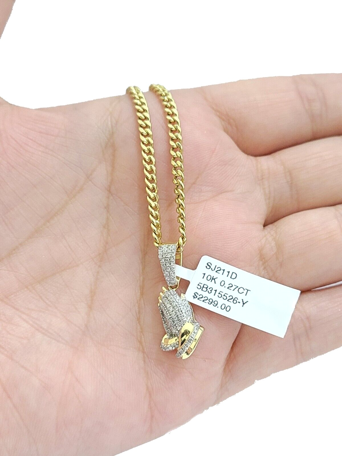 Real 10k Yellow Gold 3mm Miami Cuban Chain 20" inch Necklace Praying Hand Charm