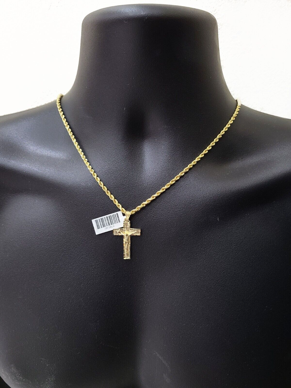 Real 10k Yellow Gold Jesus Cross Charm Rope Chain Necklace 3mm 28'' Pendant 10kt