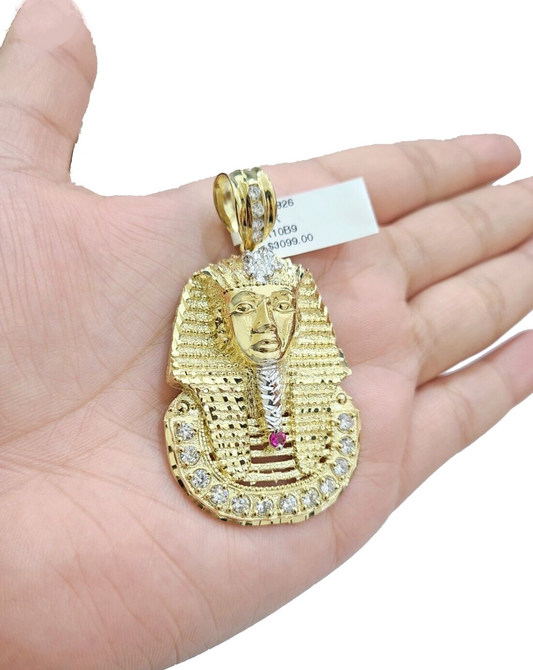 Real 10k Gold Pharaoh Head Charm Pendant 2" 10kt Yellow Gold For Chain