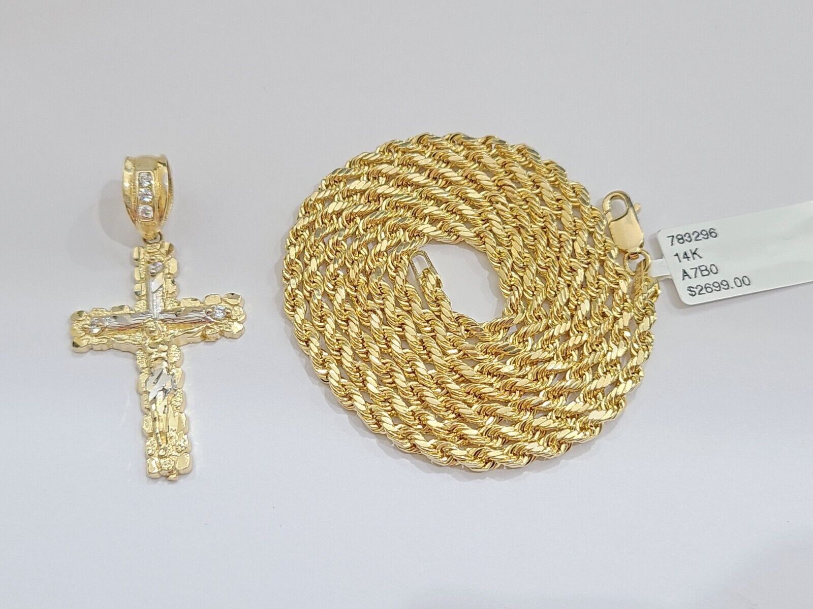 Real 14k Yellow Gold Rope Chain 24'' Necklace Jesus Crucifix Cross Charm Pendant